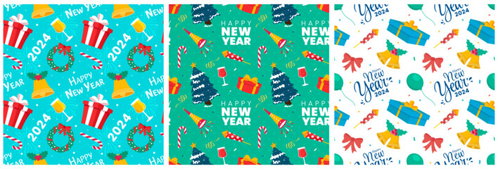 Fototapeta na wymiar Set of Happy New Year 2024 Seamless Pattern Illustration with Elements New Years Background Design