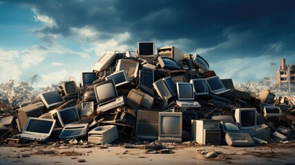 Old computers to be recycled, Hard to recycle mass production computer hardware and garbage. - obrazy, fototapety, plakaty