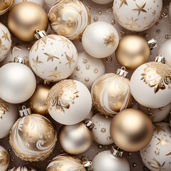 Elegant White and gold Christmas ball ornaments decorated with glitter and surrounded by winter decorations.