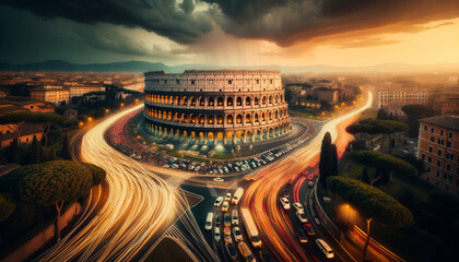 Landscape image depicting the iconic Colosseum with streams of vehicles circling it. The evening sky casts a golden hue, highlighting the majestic structure amidst the bustling traffic of Lazio, Rome,
