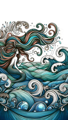 Whimsical ocean illustration in landscape format, showcasing a beautiful mermaid with long, flowing hair that merges with the sea waves. The scene is adorned with vector designs, creating a fusion of 