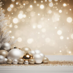 Elegant White and gold Christmas ball ornaments decorated with glitter and surrounded by winter decorations.