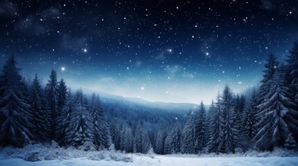 Fototapeta na wymiar Winter forest with snow, sky and stars at night. Christmas and New Year concept.