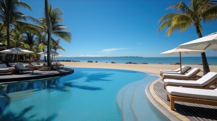 Fototapeta na wymiar Beautiful luxury umbrella and chair with outdoor swimming pool in tropical beach hotel resort