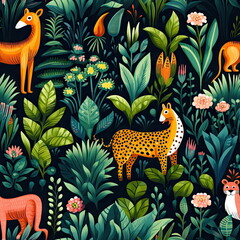 Seamless Pattern of Amazon Forest with Animals - obrazy, fototapety, plakaty