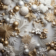 Elegant White and gold Christmas ball ornaments decorated with glitter and surrounded by winter decorations.