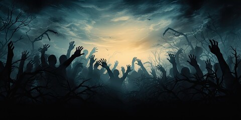 Halloween night background of many scary and creepy zombie hands rising from the shadows by generative ai. - obrazy, fototapety, plakaty