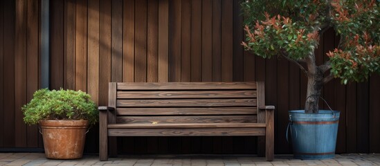 House background with wooden bench and trash can - obrazy, fototapety, plakaty
