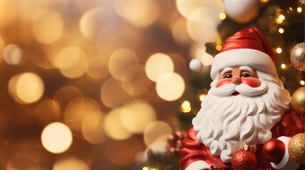 Fototapeta na wymiar Claus near the Christmas tree on a blurred background of bokeh lights
