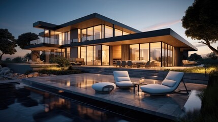 Fototapeta premium Modern villa with open plan living and Large terrace with privacy, Swimming pool, Design house.