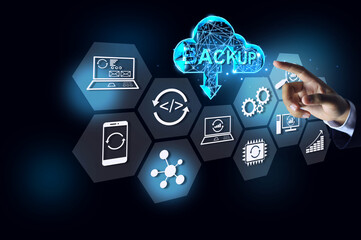 Cloud storage data backup concept hand pointing on cloud to upload and download for save data and...
