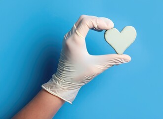 Doctor hands in medical gloves in shape of heart on blue background with copy space. Ai generated.