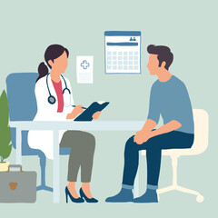 Female doctor with clipboard talks to male patient. They're in an office with a calendar, chair, and plant.