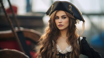 a woman dressed in pirate costume standing on a pirate ship.