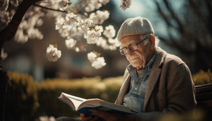 Senior man reading book outdoors under tree, enjoying retirement generated by AI