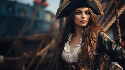 a woman dressed in pirate costume standing on a pirate ship.