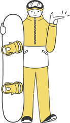 ウェアを着てボードを持って指差しする男性スノーボーダーの全身イラスト素材