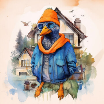 Hand drawn watercolor illustration of a young bird in a blue jacket and orange hat on the background of the house