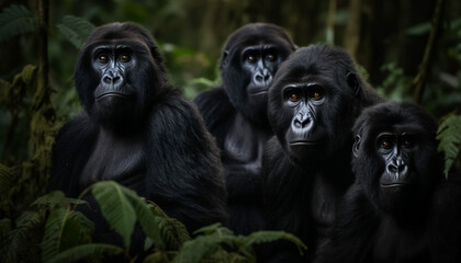 Fototapeta premium Black primate sitting in tropical rainforest, staring at camera generated by AI