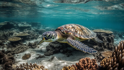 Obraz premium Deep sea diving reveals tranquil seascape of multi colored sea life generated by AI