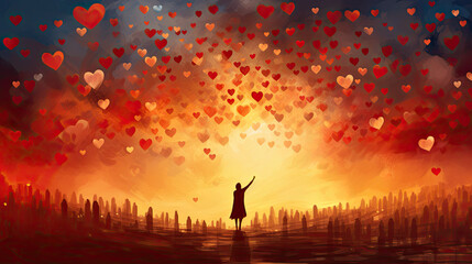 many people with hearts are raising up their arms above them, love, sharing