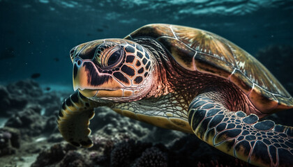 Fototapeta premium Large sea turtle swimming in tranquil underwater reef environment generated by AI