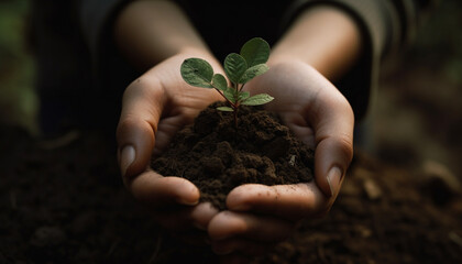 Human hand holding a seedling, symbolizing new life and growth generated by AI