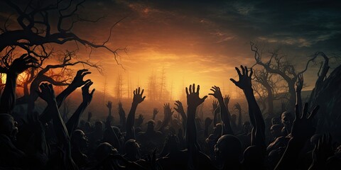 Halloween night background of many scary and creepy zombie hands rising from the shadows by generative ai.