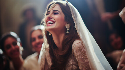A smiling Indian bride celebrating her marriage with friends in the background at their reception.