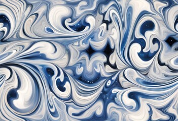 Abstract fluid with blue, white and black swirls