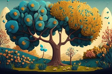 Autumn landscape with a big tree and yellow flowers.  illustration.