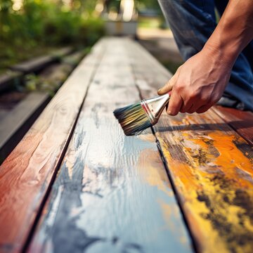 Coating with colored protective paint on the wooden surface of the lining boards. Hand with a brush paints a bright turquoise surface outdoors in Sunny weather.