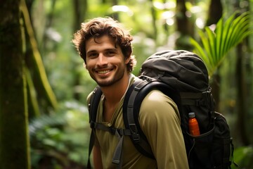 Obraz premium portrait of a male backpacker in a tropical rain forest