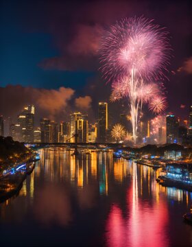 ハッピーニューイヤー、新年のお祝い、花火の背景、縦型素材｜Happy New Year. Watercolor background material. Illustration of fireworks. Generative AI