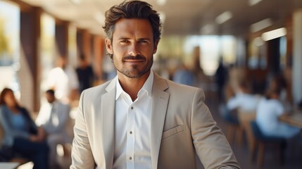 Fototapeta premium Portrait of confident business man in light cream suit at office