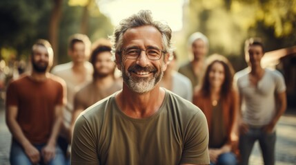 Fototapeta premium Mature men enjoying with group friends in park.