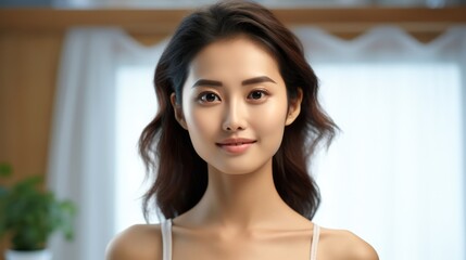 Portrait of young Asian lady smiling with clean fresh skin on white background.