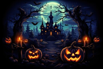 Fototapeta premium Halloween moon night Perspective of Halloween abandoned castle, orange-red sky, bat, cute scary pumpkin face, boo, cemetery, four scary trees, spider web, Halloween concept by Generative AI