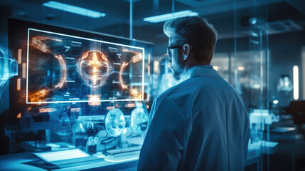 Doctor diagnosis analysis on monitor preparing operation on heart disease in a futuristic hospital, Surgeon team.
