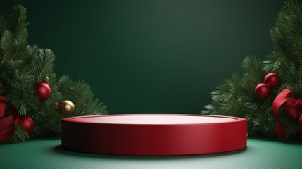 Red podium for product placement in Christmas theme, .Generative AI - obrazy, fototapety, plakaty