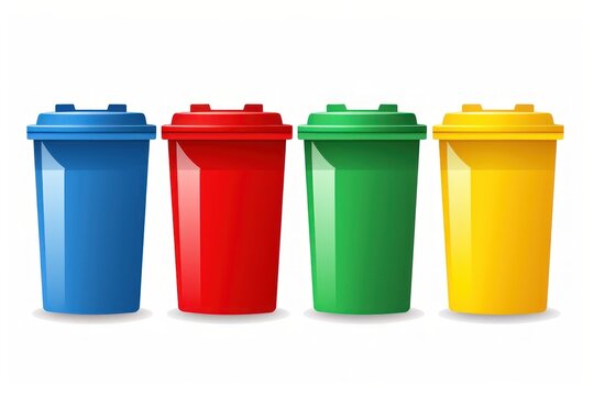 Recycling bins in yellow, green, and blue with recycling symbols on a white background. Generative AI