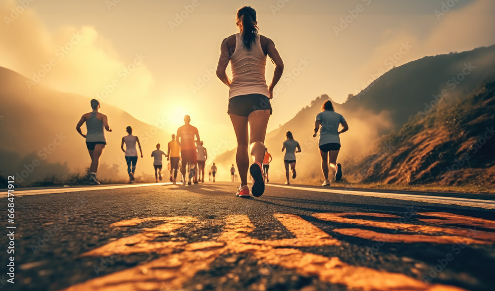 Wall mural Start up of runner group running on road at sunrise.