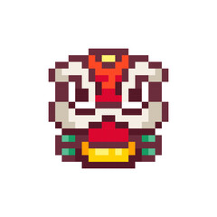 Pixel Art Asian Dragon Face. Retro 8 bit Style Chinese New Year Dragon Mask Illustration. Ideal for Sticker, Retro Decorative Element, Game Asset, Emoji, Patch, Avatar.	
