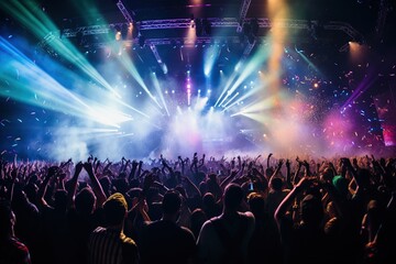 Rock Concert. Electronic Dance Music Festival. Silhouettes of concert crowd in front of bright stage lights, Colorfull background. Generative AI
