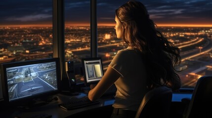 Air traffic controllers, Woman working as air traffic controller in airport control tower. - obrazy, fototapety, plakaty
