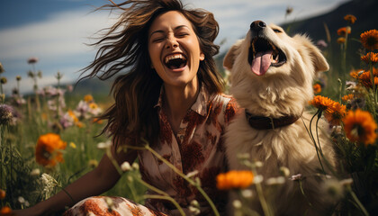 Young woman sitting in meadow, smiling with dog, enjoying nature generated by AI