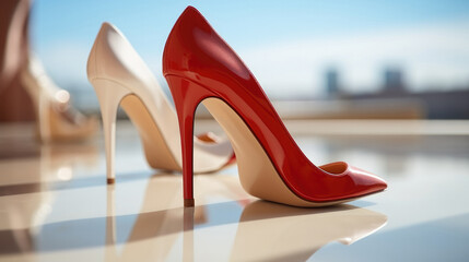 Red high heels on cream in it on white background. - obrazy, fototapety, plakaty