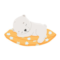 Cute baby bear sleeping on pillow. Vector cartoon hand drawn childish illustration for kids. Polar animal isolated on white