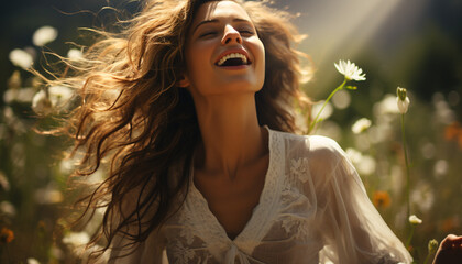 Young woman enjoying the outdoors, smiling with carefree happiness generated by AI