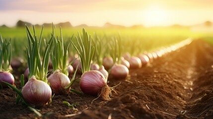 Onions grow in the field. Bulbs are visible from the ground	 - obrazy, fototapety, plakaty
